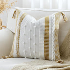 Boho Pillow Cover 18x18 Mustard Yellow - Handmade Woven Textured Throw Pillow Case with Cordings & Tassels, Decorative Accent for Couch Sofa Farmhouse Living Room Home Decor