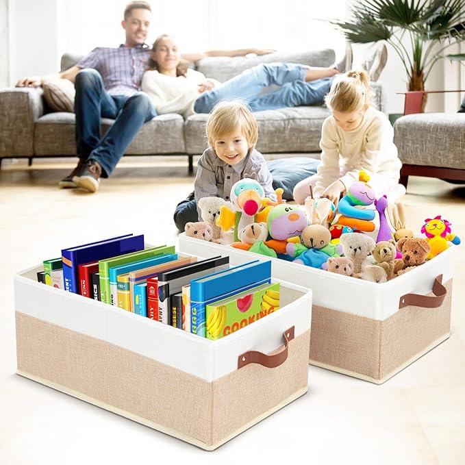 Closet Organizer Bins 3 Pack, Large Storage Bins for Shelves, Foldable Closet Storage Boxes Baskets with Leather Handles for Organizing Clothes, Sheets, Jeans, Toys, Books（Begie）