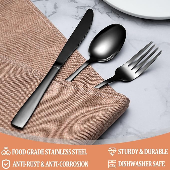 40 Pcs Black Silverware Set, Stainless Steel Flatware Set for 8, Food-Grade Cutlery Set, Mirror Polished Tableware Eating Utensils Set for Home Kitchen, Include Knife Fork Spoon Set, Dishwasher Safe