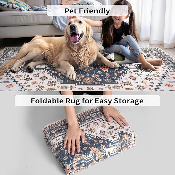 Tangsoo Vintage 4x6 Rug for Living Room,Machine Washable Indoor Area Rug Blue Beige Mat,Soft Low Pile Carpet for Front Porch Dining Room Patio Bedroom Office Decor