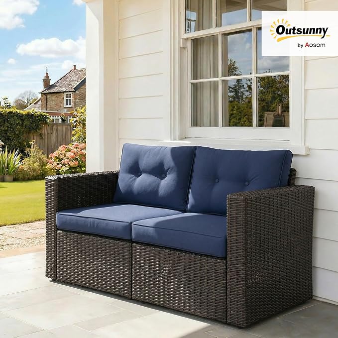 Outsunny 2 Piece Patio Wicker Corner Sofa Set, Outdoor PE Rattan Furniture