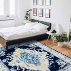 Bohemian Pattern Rectangular Area Rugs for Living Room Bedroom 5 x 6.9 ft Blue & Yellow Abstract Non-Shedding Soft Low Pile Rug Non Slip Washable Rug for Nursery Entryway Playroom