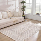 Hauteloom Lunao Living Room, Bedroom Area Rug - Geometric, Solid & Striped - Charcoal, Cream, Peach - 6'7" x 9'