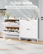 Shoe Cabinet Organizer with 2 Flip Drawers, Freestanding Narrow Shoe Rack for Entryway, Freestanding Hidden Shoe Storage Cabinet for Entryway, Hallway, Living Room, Bedroom, White