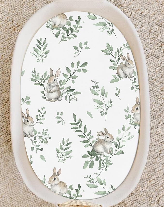 Bassinet Sheets for Baby Girls Boys 2 Pack, Fitted Baby Mattress Sheet for Rectangle, Oval, Hourglass Bassinet Mattress, Breathable Cozy & Universal Fit (Bunny Meadow)
