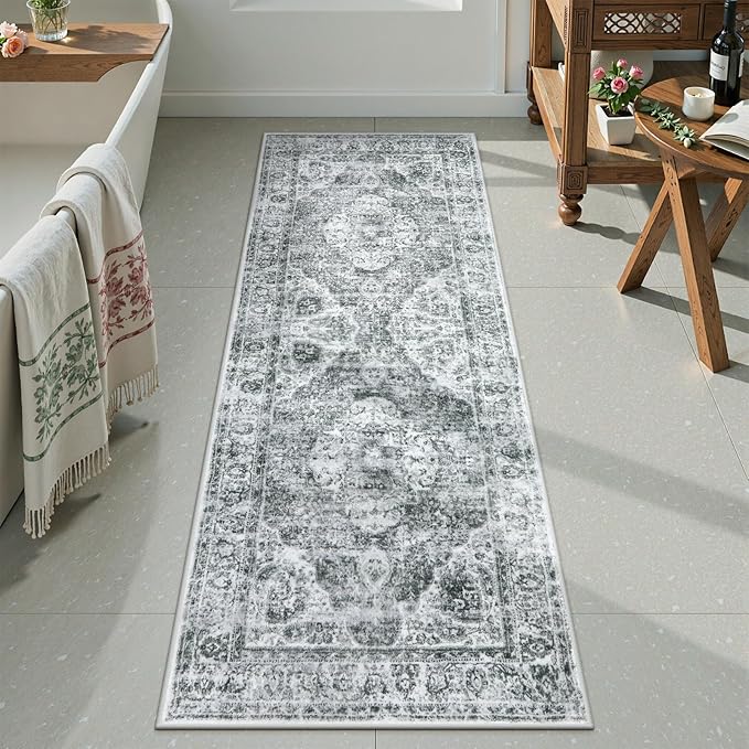 Uphome Bathroom Rugs Runner, Distressed Farmhouse Boho Gray Bath Mat, Non Slip Washable Long Bath Rugs, Vintage Traditonal Soft Velvet Bathroom Runner for Bathtub Sink Shower, 20x60 inch