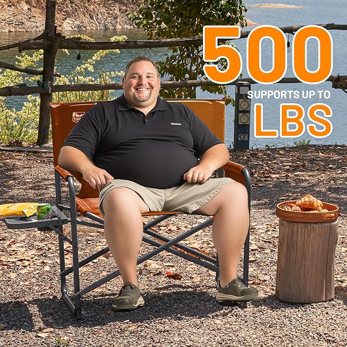 TIMBER RIDGE XXL Director’s Chair – Heavy Duty Folding Chair with Side Table, 500 lb Capacity, Extra Wide Padded Seat for Camping, Sports, Beach, Patio, and Outdoor Use, Orange-2 Pack