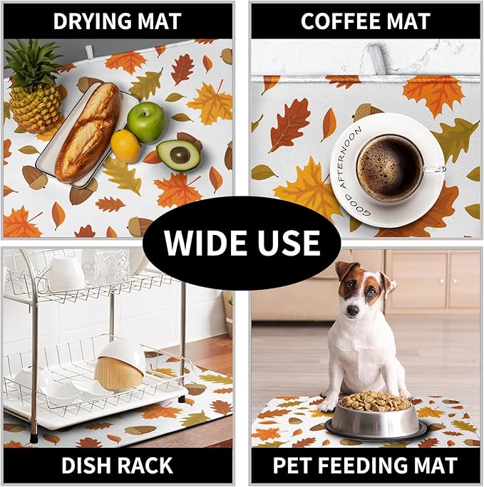 Fall Leaves Dish Drainer Mat - Absorbent Drying Mat for Counter - 18x24 Inch, Orange Maple Leaf Pattern