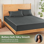 MR&HM Fitted Sheet & Pillowcase Set Queen, 3-Piece Blend Rayon Derived from Bamboo, Silky Soft & Breathable, 15" Deep Pocket with Elastic Straps, Cooling Sheets for Hot Sleepers, Dark Grey