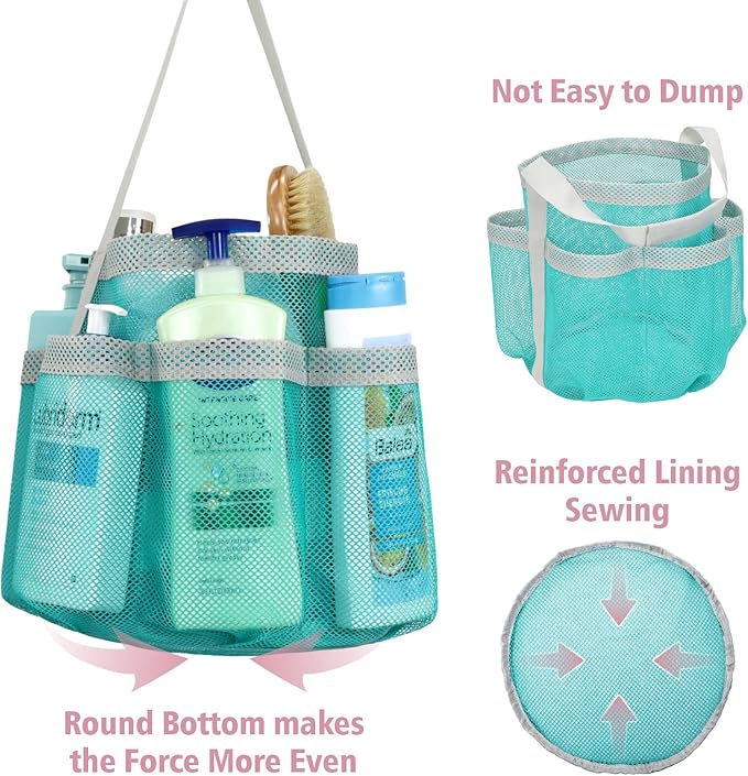 F-color Mesh Shower Caddy Portable, Large Capacity Shower Bag Basket Tote for College Dorm Room Toiletry Gym Rv Essentials, Bathroom with S Hook, Mint Green