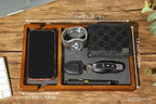 Shinpuru Wooden Valet Tray for Men, Nightstand Organizer with Leather Inlay, EDC Essentials Catchall Tray for Keys, Phone, Wallet, Watch, Earbuds - Bedside Desk Entryway Tray (Wood-Phone)