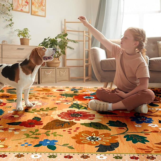 Floral 8x10 Area Rug Machine Washable Soft Print Boho Carpet Non Slip Doormat Low Pile Flower Area Rugs for Living Room Bedroom Nursery Kitchen Dining Room Indoor-Yellow/Orange