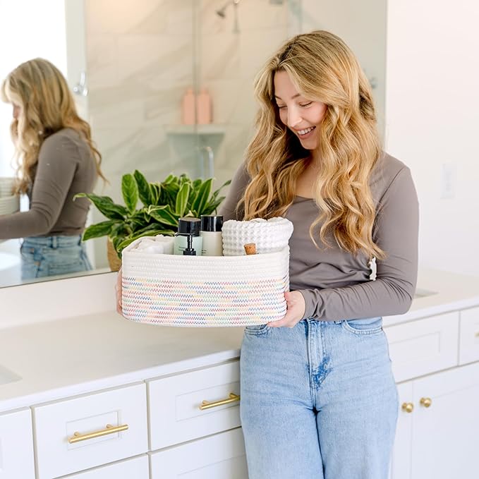NaturalCozy 13.5”x8.5”x5.5” Rectangle Storage Baskets for Shelves 3 Pack | Cotton Rope Woven Small Baskets for Organizing | Small Storage Bins for Nursery, Bathroom, Closet, Shelf, Decorative