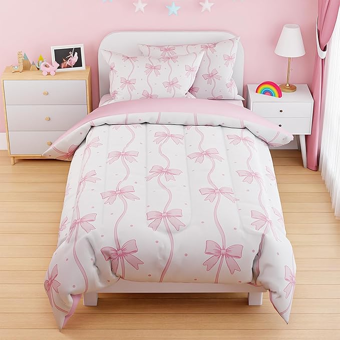SANDJEST Bow Duvet Cover Sets Twin Size for Kids Girls, Include 1 Polyester Comforter Cover 68x86 Inches and 1 Pillowcase 20x26 Inches, Comforter Not Included, Gift for Christmas Birthday