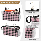 Buffalo Plaid Check Pink Print Bedside Caddy Storage Bag Bedside Organizer for Bunk Bed Headboards College Organizer Caddy Hanging Shelf 6 Pockets with Hooks for Drinks Magazine Phone Holder