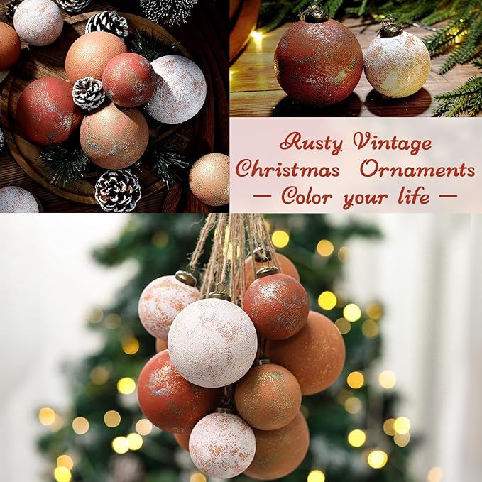 24Pcs 2.36'' Large Rustic Vintage Neutral Textured Farmhouse Brown 2025 Christmas Ornaments Ball for Christmas Tree Decor,Boho Orange Copper Hanging Xmas Ornaments Shatterproof Ball for Home Decor
