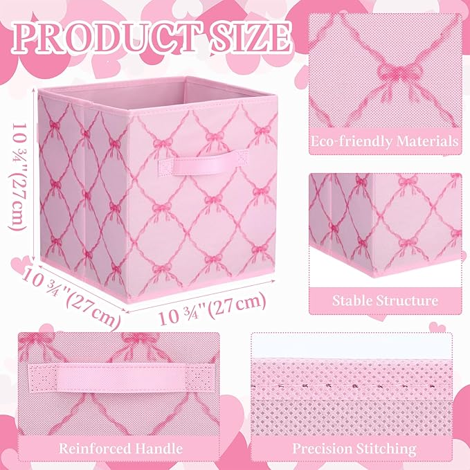 Geelin 6 Pcs Pink Bow Cube Storage Bins 11 Inch Storage Basket with Handle, Preppy Girls Organizer Basket, Collapsible Fabric Box for Classroom Bedrooms Office Home Decoration Gift
