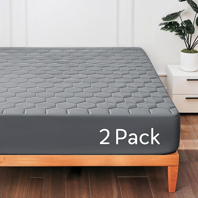 Hearth & Harbor 2 Pack California King Size Quilted Fitted Mattress Pad Cover, 100% Waterproof Mattress Protectors, Deep Pocket Fitted Mattress Cover 8" - 21" (72" x 84", Gray)