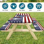 American Flag Picnic Table Cover with Bench Covers, USA Flag Art Eagle Camping Essentials Waterproof Table Cloth Fitted for Table Rectangle and Seats,Outdoor Table Covers with Elastic Windproof Edges