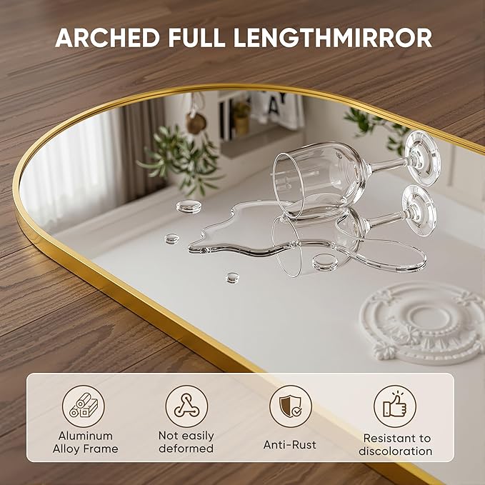 Full Length Mirror, 58"x18" Arched Floor Mirror Freestanding, Floor Standing Full Body Mirror with Stand for Bedroom, Hanging Mounted for Living Room Cloakroom, Gold