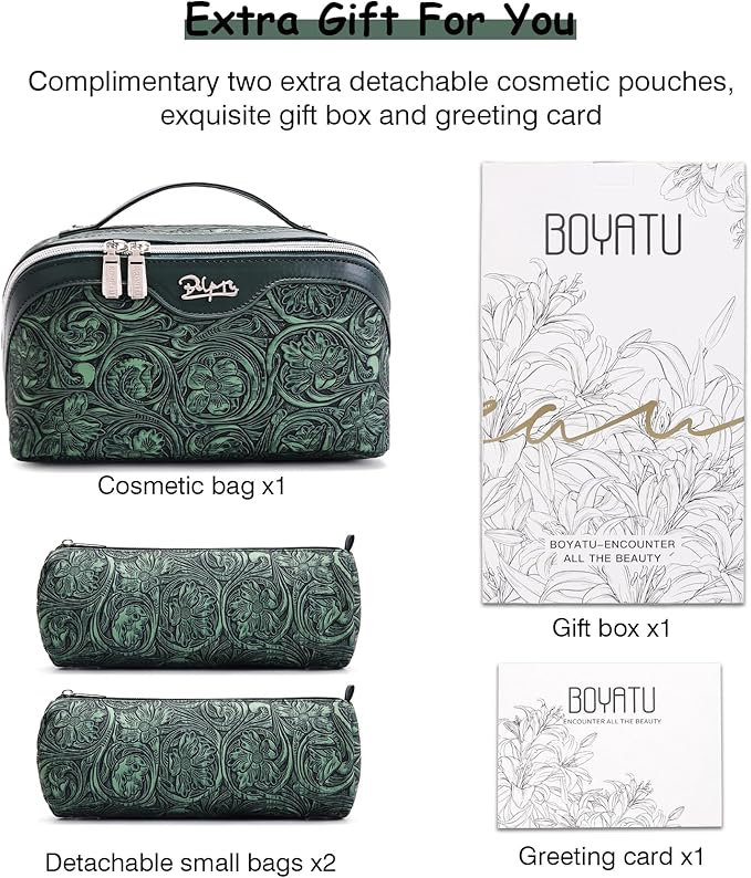 BOYATU Travel Makeup Bags Cosmetic Organizer Bag: 3 Pcs Set Large Capacity Floral Make up Bag with Compartments - Waterproof Leather Toiletry Bags with Handle for Women (18-Green)