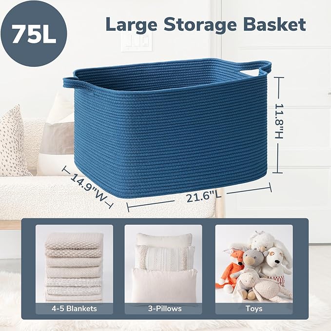 Goodpick Large Blanket Basket, Storage Baskets for Organizing, Rectangle Woven Basket for Clothes, Towels, Toy Baskets Storage Kids, 21.6" x 14.9" x 11.8"