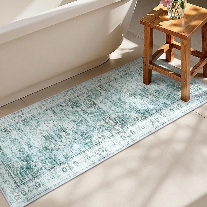 Uphome Bathroom Runner Rug, Distressed Tribal Farmhouse Sage Green Bathroom Mat, Large Bathroom Rugs Non Slip Washable, Oriental Retro Boho Bath Mat Runner for Bathtub Sink Hallway, 24x59 inch