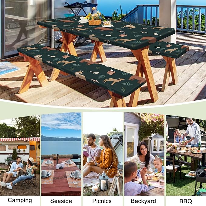 Picnic Table Cover with Bench Covers Portable Table Cloth Built-in Storage Pocket Fitted Tablecloth with Elastic Edges Waterproof Camping Essentials for Indoor Outdoor Rv,72in,Dark Green
