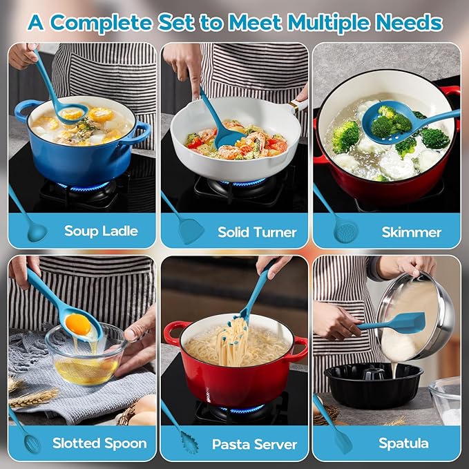 Onader Silicone Cooking Kitchen Utensils Set of 6, Navy Blue Kitchen Utensils Gadgets Set for Nonstick Cookware, Non Toxic & Dishwasher Safe
