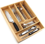 Pristine Bamboo Silverware tray organizer– Flatware Utensil Cutlery Silverware Holder for Drawer – Small Extra-Deep Wooden Kitchen Drawer Organizer Divider for Spoons Forks Knives cutleries (6-Slots)