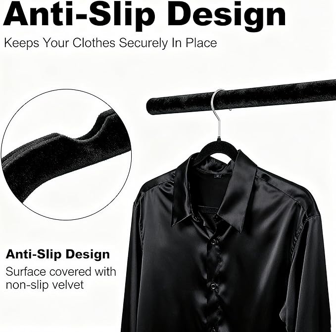 Velvet Hangers 50 Pack, Non Slip Clothes Hanger Felt Hanger with Pants Bar Slim Space Saving Suit Hangers for Closet Organizer, Heavy Duty Coat Hanger, 360° Rotating Hook(Black)