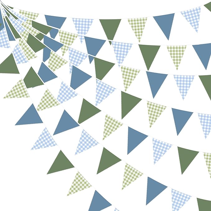 32Ft Blue Green Party Decorations Dusty Blue Sage Green Gingham Fabric Triangle Banner Flag Plaid Pennant Garland Streamers for Hole in One Birthday Baby Shower Masters Golf Graduation Decor Supplies