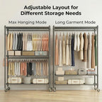 Homdox Rolling Clothes Rack Heavy Duty, 3-Tier Adjustable Wire Shelving Garment Organizer with Double Rods & Hooks, Portable Clothes Rack with Wheels, 17.72" D x 47.24" W x 80.71" H, Grey