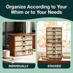 4-Drawer Vintage Ephemera Pattern Desktop Organizer - Arts and Craft Newspaper Design Desk Storage Cabinet - Ephemera Wood Shelf Drawers with Label Holders - Scrapbook Collecting