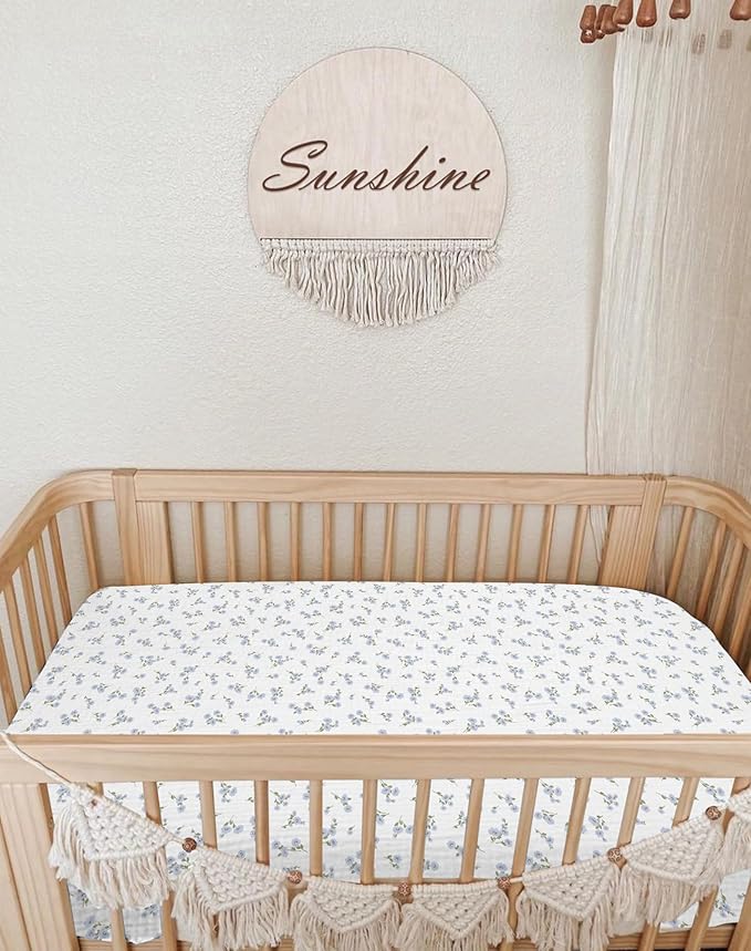 Bassinet Sheet for Baby Boy and Girl 2 Pack, Fitted Sheets for Rectangle, Oval, Hourglass Bassinet Mattress, Muslin Moses Basket Sheets with Neutral Style (Bluebell Bloom & Light Blue)