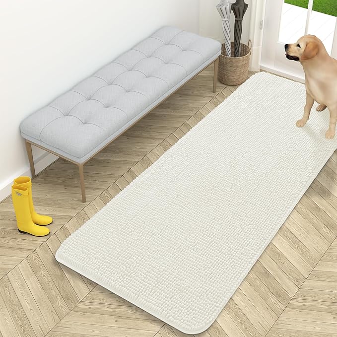 OLANLY Dog Door Mat for Muddy Paws 59x24, Absorbs Moisture and Dirt, Absorbent Non-Slip Washable Doormat, Quick Dry Chenille Mud Mat for Dogs, Entry Indoor Entryway Carpet for Inside Floor, Ivory