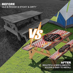 Happy Camper Picnic Table Cover with Bench Covers Elastic Edges, Wooden Red Plaid Fitted Table Cover, Outdoor Patio Camping Essentials 60 Inch 3PCS, Waterproof Fitted Tablecloth with Drawstring Bag