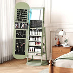 360° Swivel Jewelry Mirror Cabinet with Lights, Inside Makeup Mirror, Standing Jewelry Armoire Organizer, Rotatable Full-Length Mirror with Jewelry Storage, Lockable with Back Storage Shelves (Green)