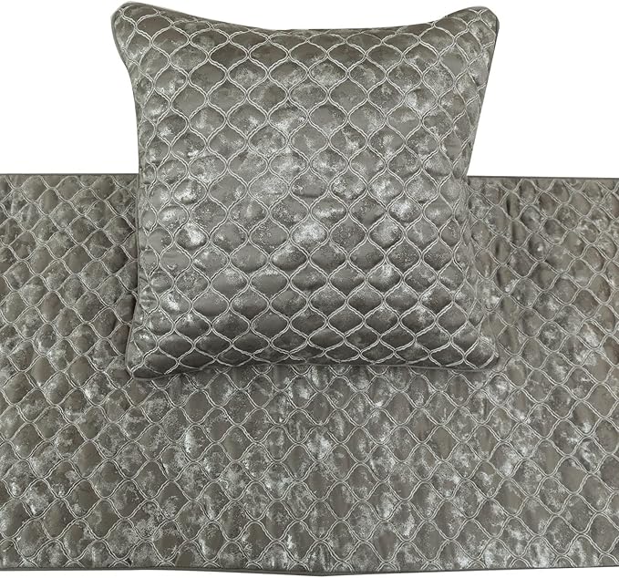 The HomeCentric King/Queen/Twin Grey & Silver Designer Twin 53"x18" Bed Runner Without Pillow Cover, Quilted, Foil & Trellis Bed Scarf on Silk Fabric - Jumanah