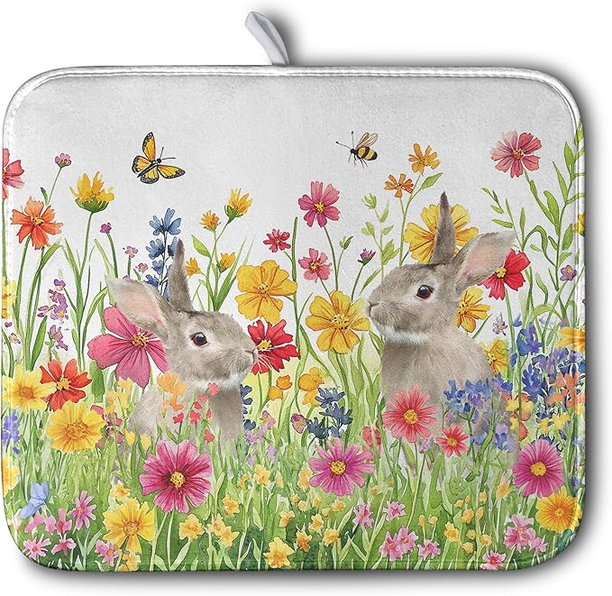 Easter Dish Drying Mat for Kitchen Counter Easter Bunny Flowers Dish Drying Pad Spring Rabbit Floral Dishes Drainer Mats Absorbent Microfiber Kitchen Countertop Protector Drying Mats 16x18 in