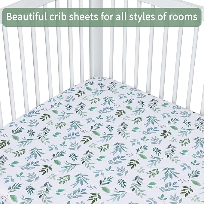 Baby Crib Sheets for Boys Girls, 2 Pack Fitted Crib Sheet for Standard Crib and Toddler Mattress, Soft Microfiber Baby Sheet 52x28x8in (Leaf & Green)