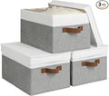 StorageWorks Fabric Storage Bins with Lids, Decorative Storage Bins with PU Handles, Foldable Storage Baskets for Closet, Shelves, Stackable and Sturdy Organization, Gray and White, Large, 3-Pack