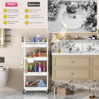 Goovilla Rolling Makeup Organizer Cart with Removable Drawer, 4 Tier Stable White Floor Skincare Storage Cart for Vanity, Cosmetic Display, Nail Polish, Perfume, Hair Stuff, Beauty, Bathroom(Plastic)