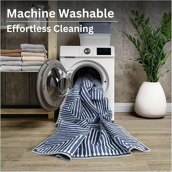 Bloom Rugs Washable Non-Slip 7 ft Runner - Blue Striped Runner for Entryway, Hallway, Bathroom, and Kitchen - Exact Size: 2.5' x 7'