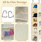 Hanging Shoe Organizer for Closet with 8 Shelves,Mesh Pockets-Wider Hanging Shelves for Shoes,Clothes,Hats With Sturdy Bamboo-Supported Design (Beige)