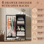 HIGDBFE Dresser with Hanging Rack, 4 Drawers Small Closet for Bedroom, Reversible Fabric Kids Chest of Drawers with Clothes Rack, Tall Storage Tower, Sturdy Frame, Grey, 44''H
