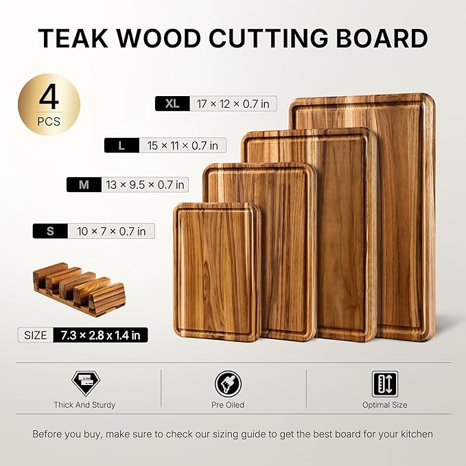 4 Pack Teak Cutting Board Set for Kitchen Heavy Duty Non Toxic Non Slip Solid Thick Wood Haus Chopping Board Extra Large Big Small Meat Best Wooden Charcuterie Board
