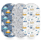 Baby Bassinet Sheets Girl Boy, Fitted Bassinet Sheet Set 3 Pack Bassinet Mattress Sheets Universal Fit for Rectangle, Round, Oval, Hourglass Mattress, Soft Breathable Grey & Blue Car
