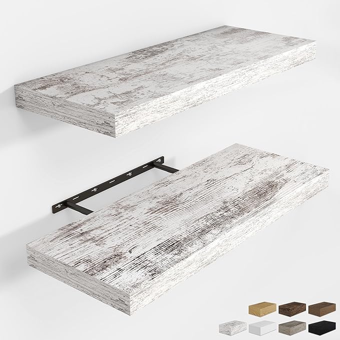 RICHFOCUS 24Inch Floating Shelves for Wall 2 Pack Shelves for Bedroom|Kitchen|Bathroom Wall Mounted Rustic Distressed Wood Floating Shelf with Invisible Brackets for Books|Storage|Decor, Rustic