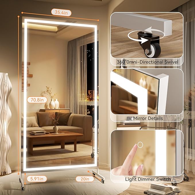 Hasipu Home Gym Mirror with Light 360° Swivel on Wheels, 71" x 36" Extra Large Full Length Rolling LED Mirror for Yoga Studio, Bedroom, Dancing Studio, White